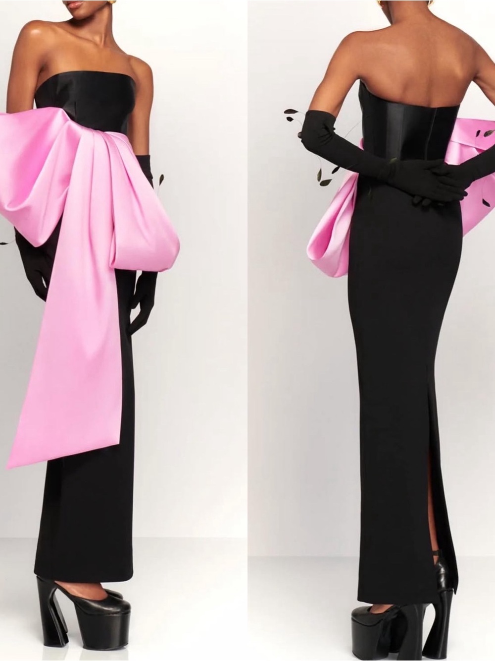 SOLACE LONDON Maeve Strapless Draped Pink Bow Detail Black Maxi Dress Size 2